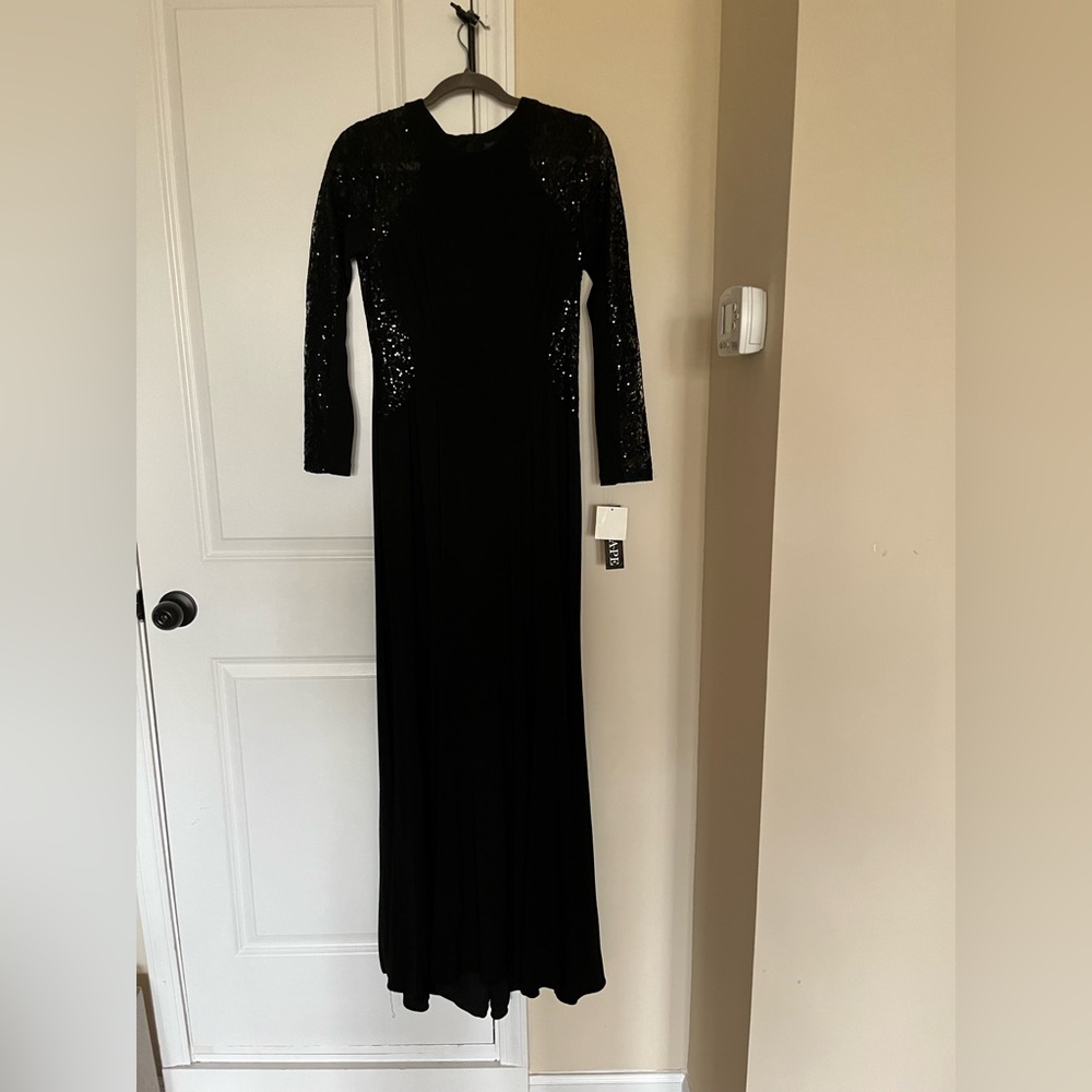 Xscape black formal dress with mesh beaded 3/4 sleeves